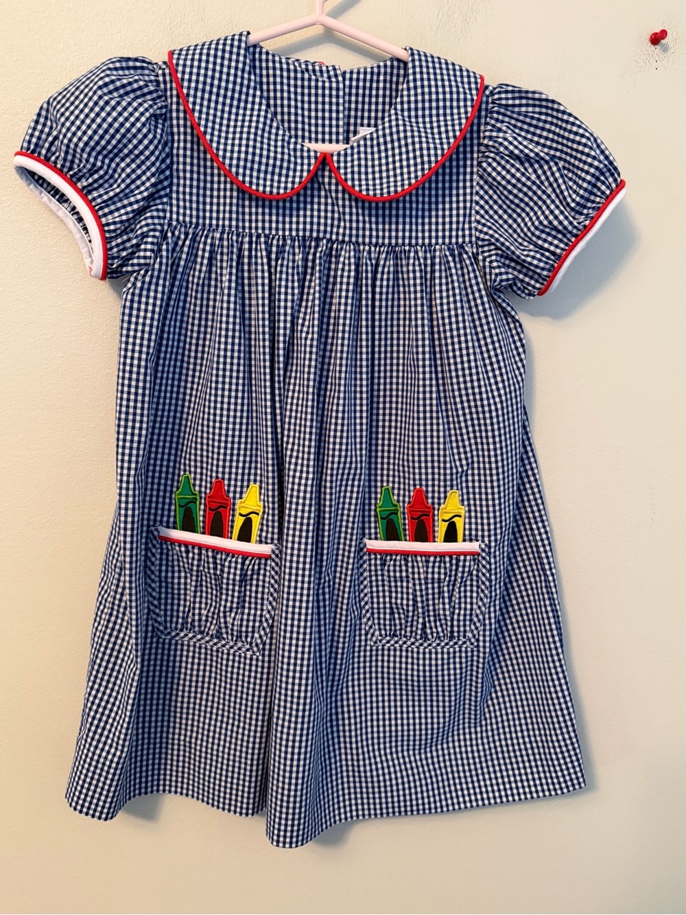 Stitchy Fish Blue Gingham Dress with Crayon Pocket Trim